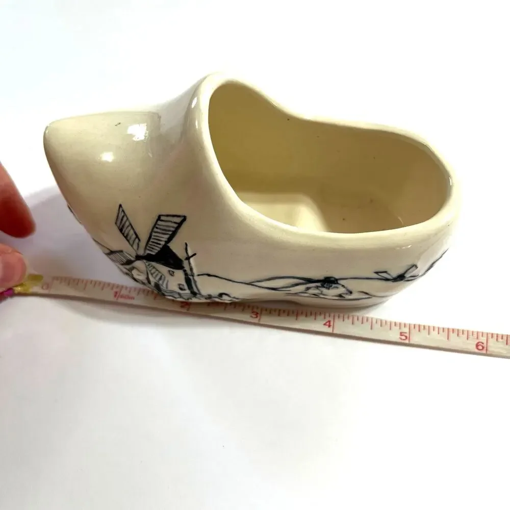 Vintage 1974 Delft Porcelain Clog Dutch Shoe Handmade Windmill Decor Cream Black